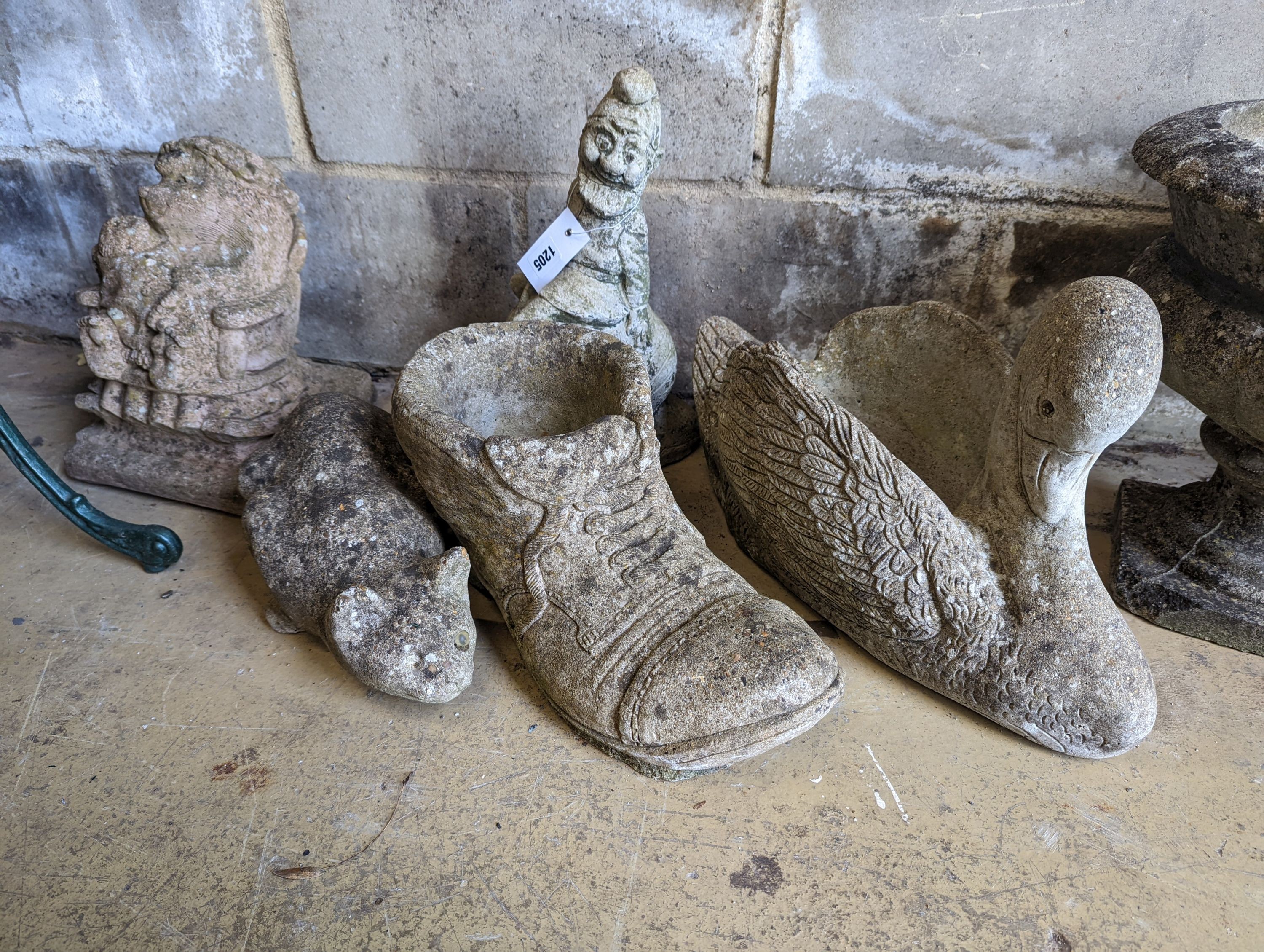 Five reconstituted stone garden ornaments, largest width 48cm